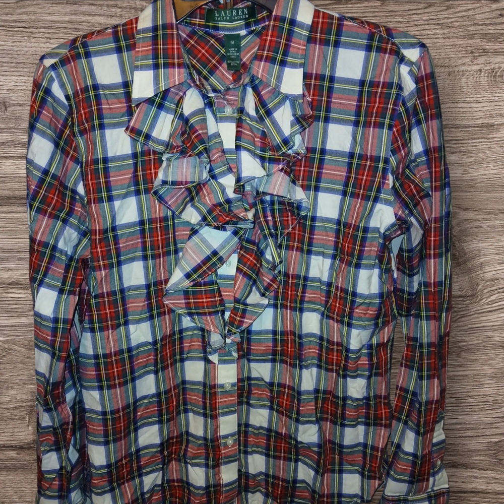 Lauren Ralph Lauren Red Blue Plaid Ruffle Button-Down Blouse